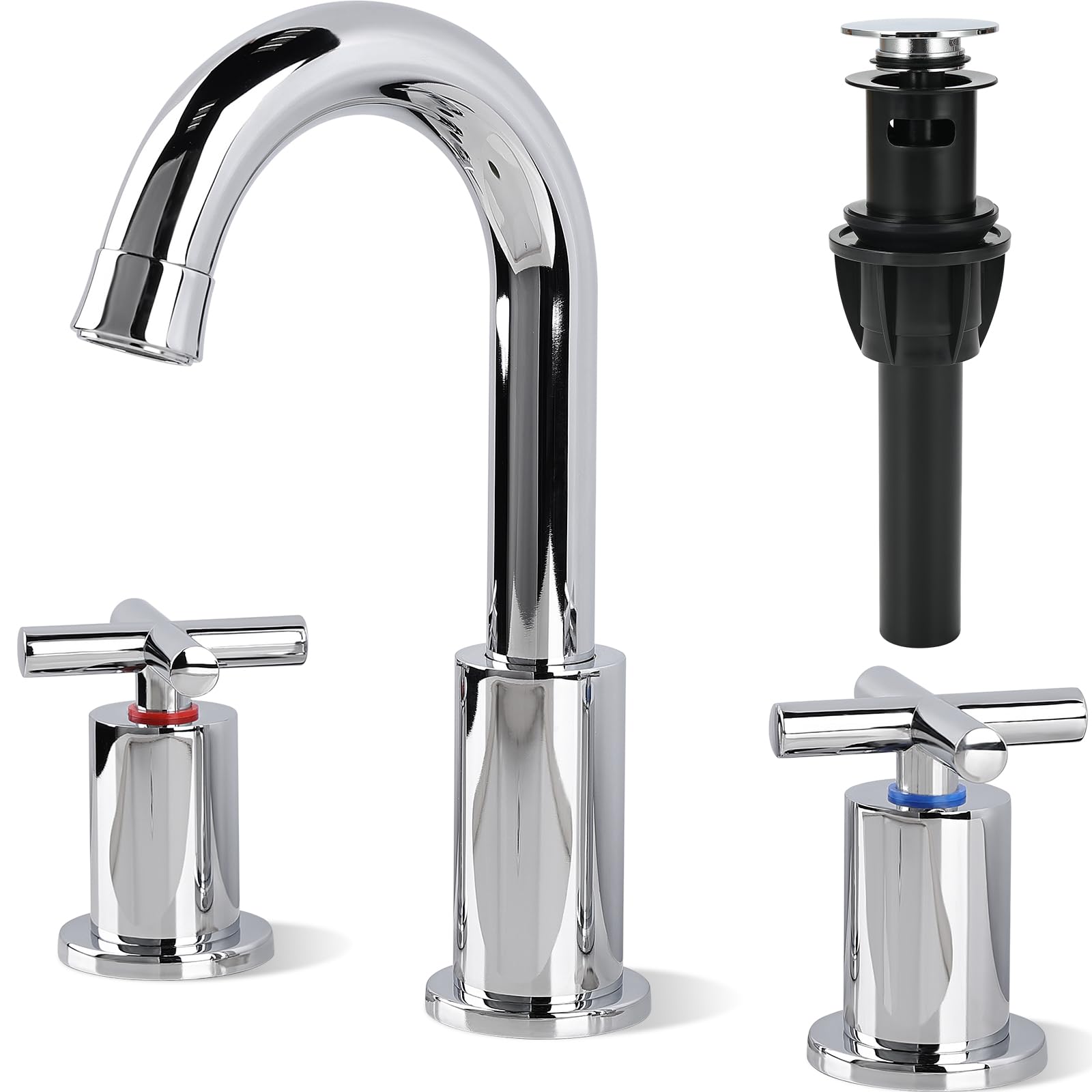 GXCROR Bathroom Faucets for Sink 3 Hole,2-Handle 8 inch Widespread Bathroom Sink Faucet with Pop Up Drain and Faucet Supply Hoses, Chrome Basin Faucet Mixer Taps