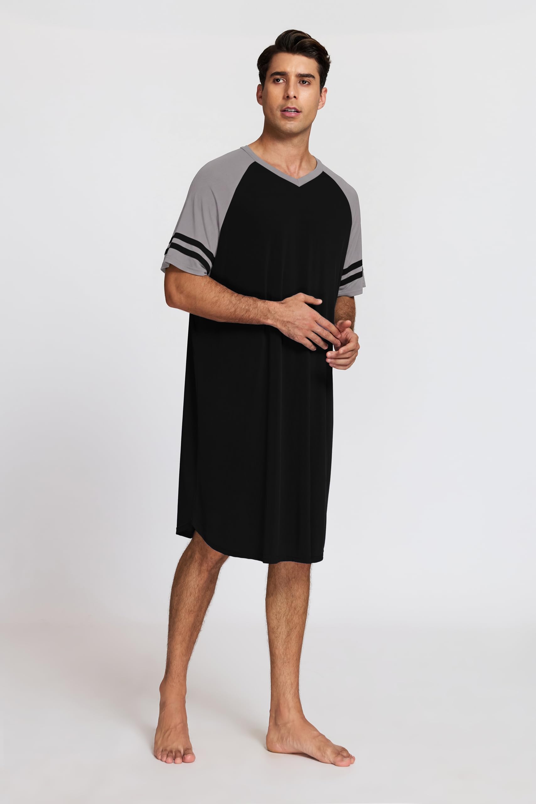 Chemise de Nuit Homme Hauts de Pyjama Tee-Shirt Longueur Genou Col V Manches Courtes Vêtements d'Intérieur Douce Confortable Grande Taille M-4XL