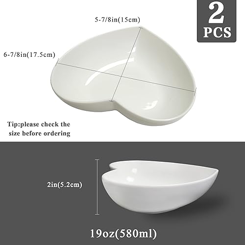 Miniatura 2 de Juego de 2 platos de ensalada profundos en forma de corazón de porcelana, cuencos de corazón de 7 pulgadas para servir postreaperitivofruta, 19
