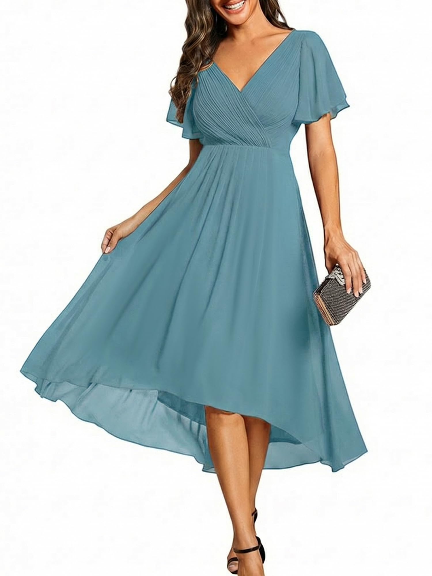 Ever-Pretty Women's Summer Chiffon Formal Wedding Guest Dresses Pleated V-Neck Short Sleeves Cocktail Dress 01923