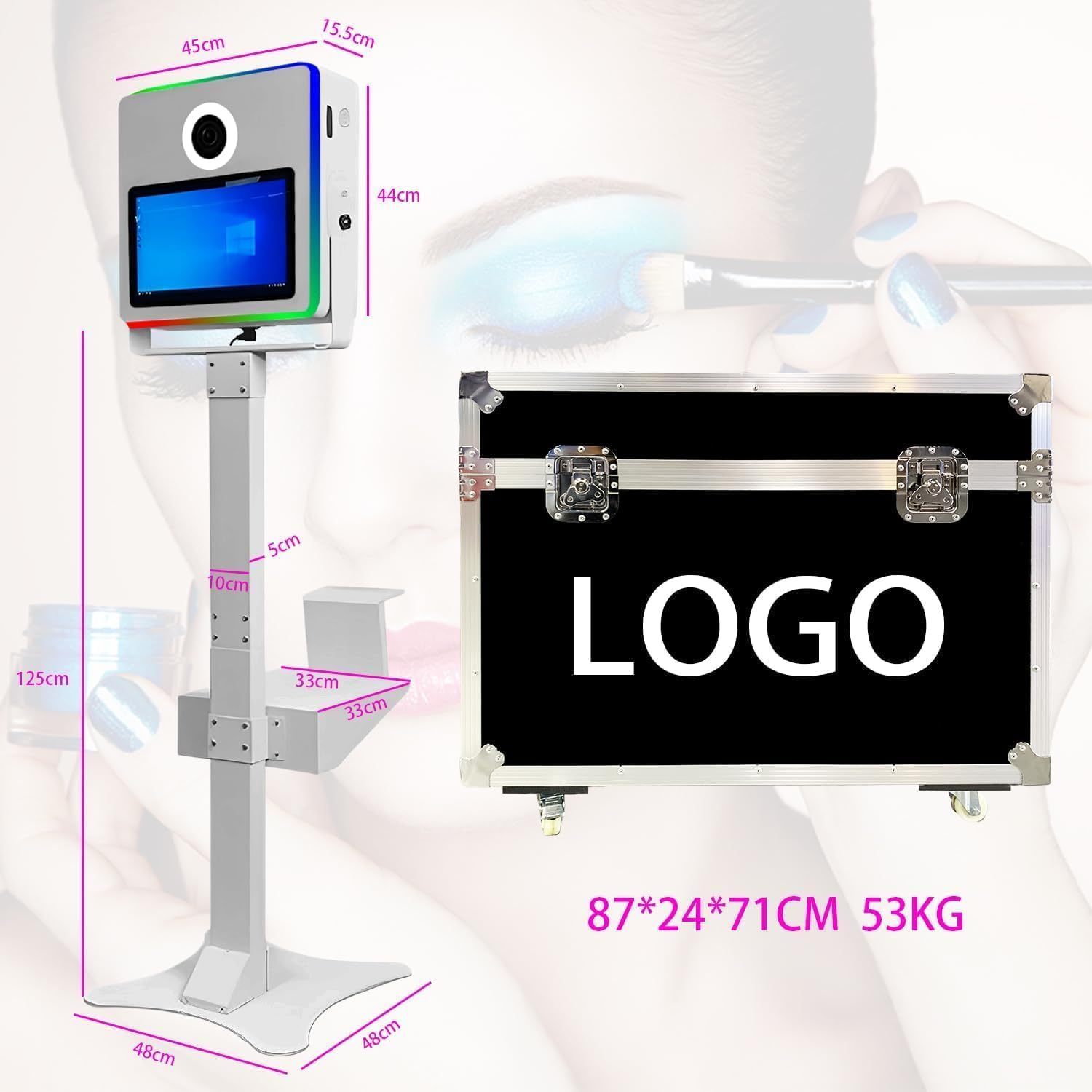 Photomaton portable avec appareil photo reflex numérique et imprimante 15,6 pouces écran tactile Selfie Photobooth Machine avec mini PC RGB Cadre lumineux pour fête de mariage événement Location Pack