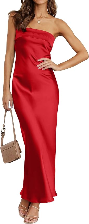 MEROKEETY Womens Satin Strapless Bodycon Wedding Guest Maxi Dress