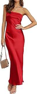 Women 2025 Summer Strapless Satin Tube Bodycon Backless Wedding Guest Maxi Dress - Buy now