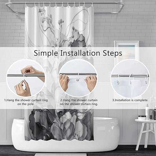 Miniatura 7 de Cortina de ducha con flores grises para baño, juego de cortina de ducha de mármol gris claro y blanco con ganchos, decoración floral abstracta para