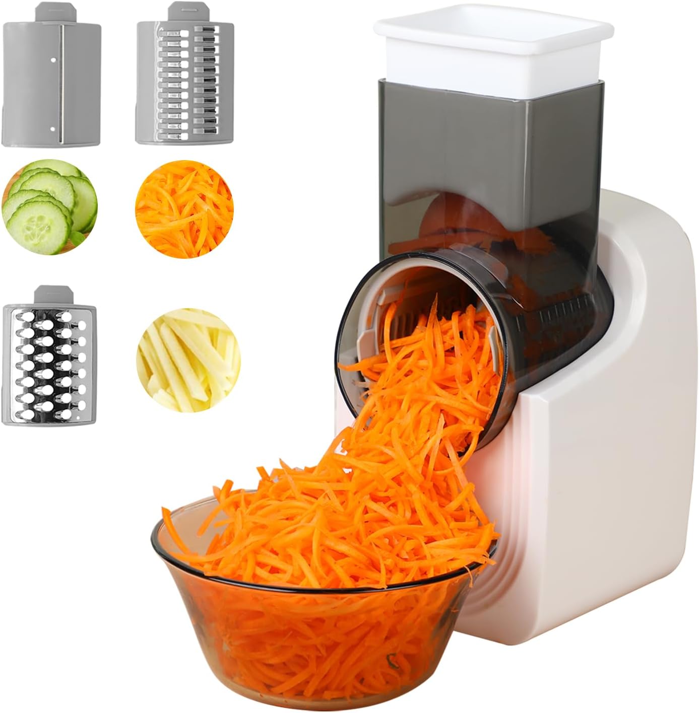 Electric Vegetable Slicer, Salad Shooter, 3-in-1 Electronic Fruit Shredder, Cheese Grater for Home Kitchen Use, Electric Grater with 3 Type Blades Stainless Steel,WhiteA