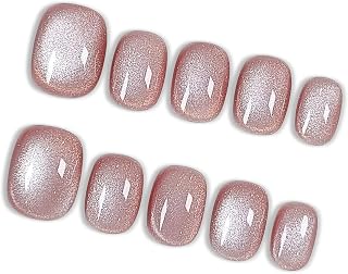 Hantyer Squoval Press On Nails, Handmade Soft Gel Nude Pink Glossy Fake Nails with Iridescent Glitter Sheen, Shimmer Jelly Design Full Cover Reusable False Nails 10PCS Kit (Size M)