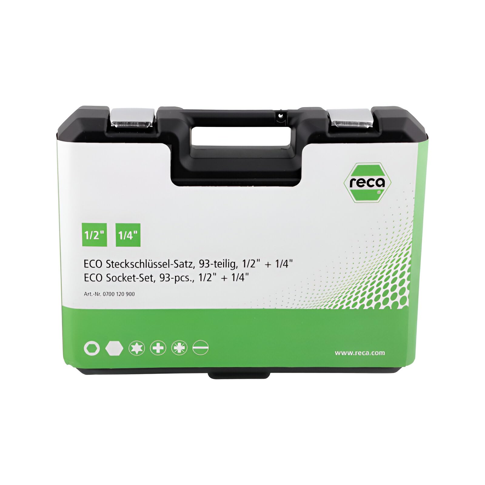 RECA Jeu de 93 douilles ECO 1/2" et 1/4" | Mallette à cliquet | Mallette à outils | Chrome Vanadium | Cliquets à denture fine | Mallette verrouillable