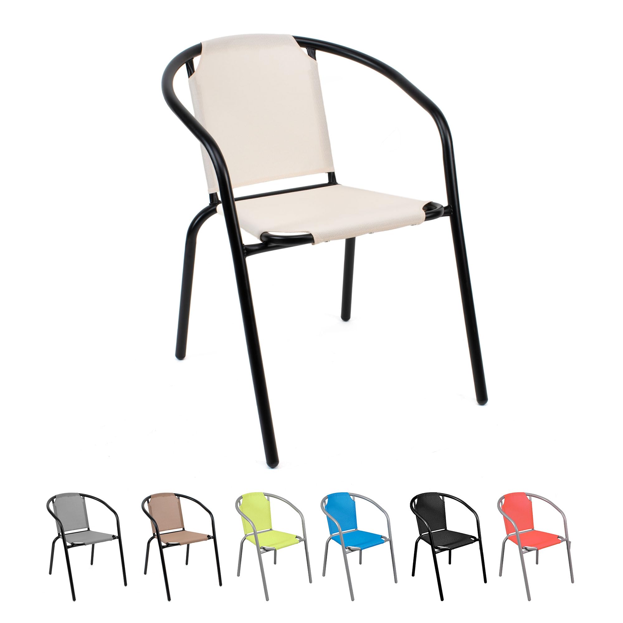 THE SECRET HOME - Silla en Lona para Jardín - Alto. 74 cm x Largo. 58 cm x Ancho. 53 cm - Color Beige - Silla de Acero Apilable - Asiento de Exterior para Balcón, Terraza y Jardín