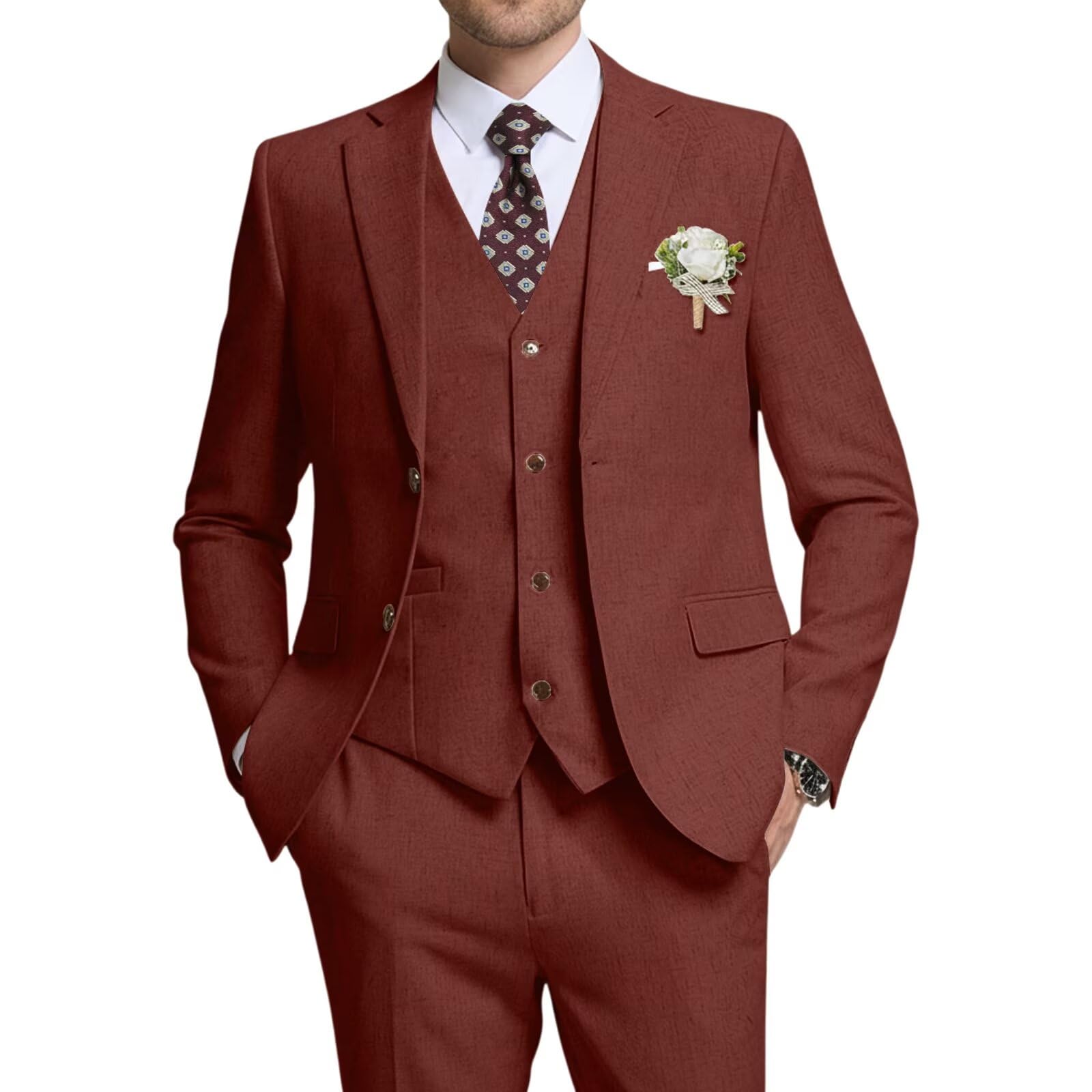 High-End Suits Retro Linen Suit for Men Casual Wedding Suit for Men Slim Fit 3 Pieces Jacket Blazer Vest Pant Groom Tuxedo