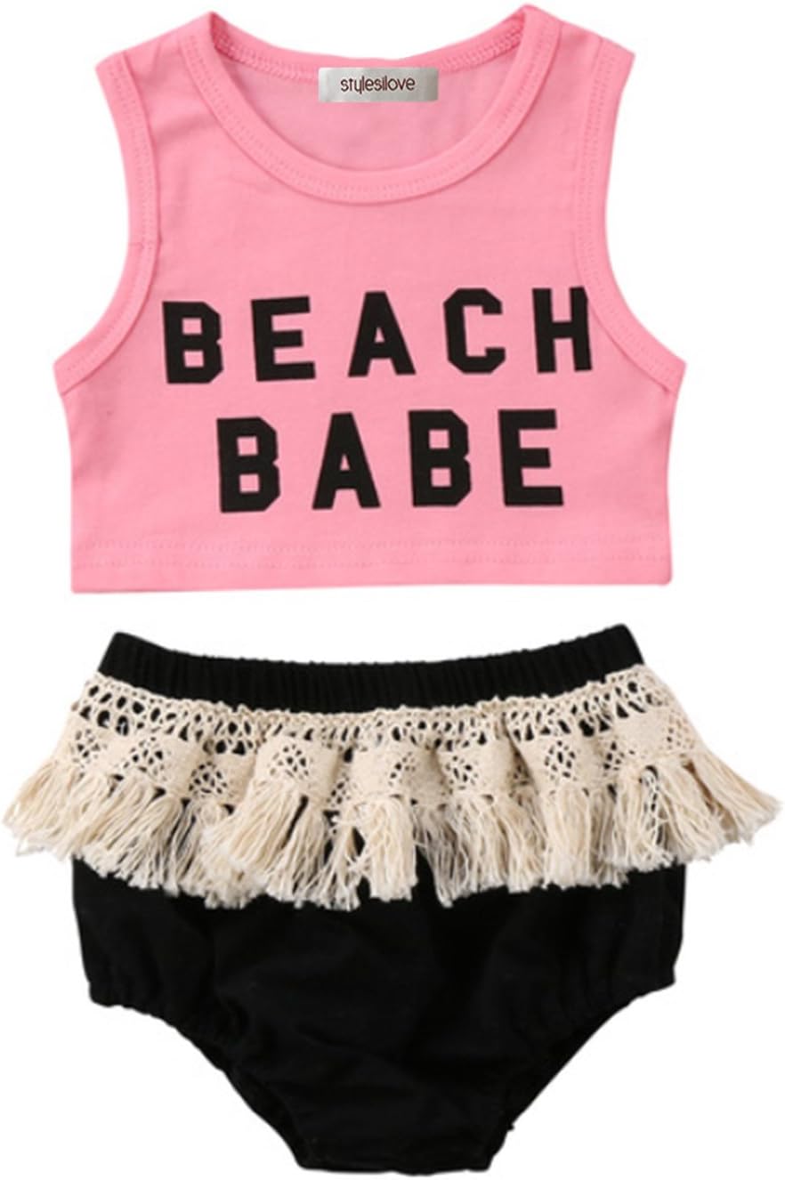 stylesilove Infant Baby Girl Pink Beach Baby Corp Top and Crochet Lace Fringed Cotton Bloomer 2 pcs Set