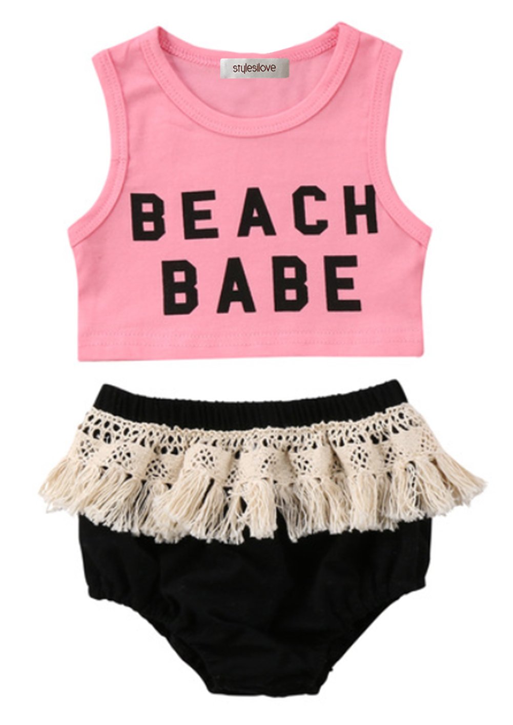 stylesilove Infant Baby Girl Pink Beach Baby Corp Top and Crochet Lace Fringed Cotton Bloomer 2 pcs Set