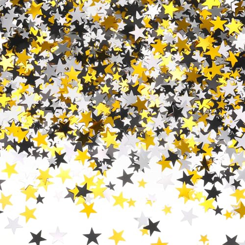 Image of HESTYA 60g star Confetti Glitter Star Table Confetti Metallic Foil Stars for Party Wedding Festival Decorations(Silver Gold Black,10mm and 6mm)