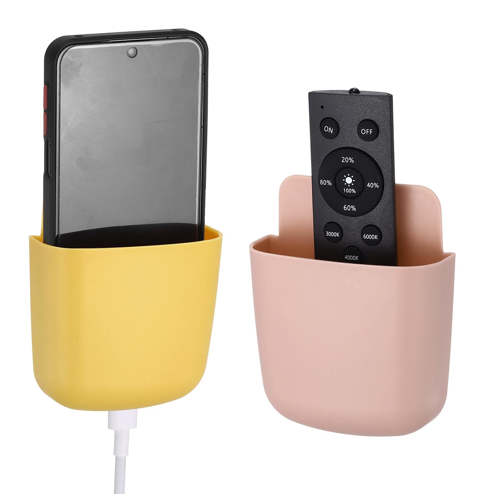 PATIKIL 2Pcs Remote Control Holder Wall Mount, Self-Adhesive TV Air Conditioner Control Holder Phone Charging Organizer for Home Office Bedroom Supply Pen Organizer, Yellow, Pink