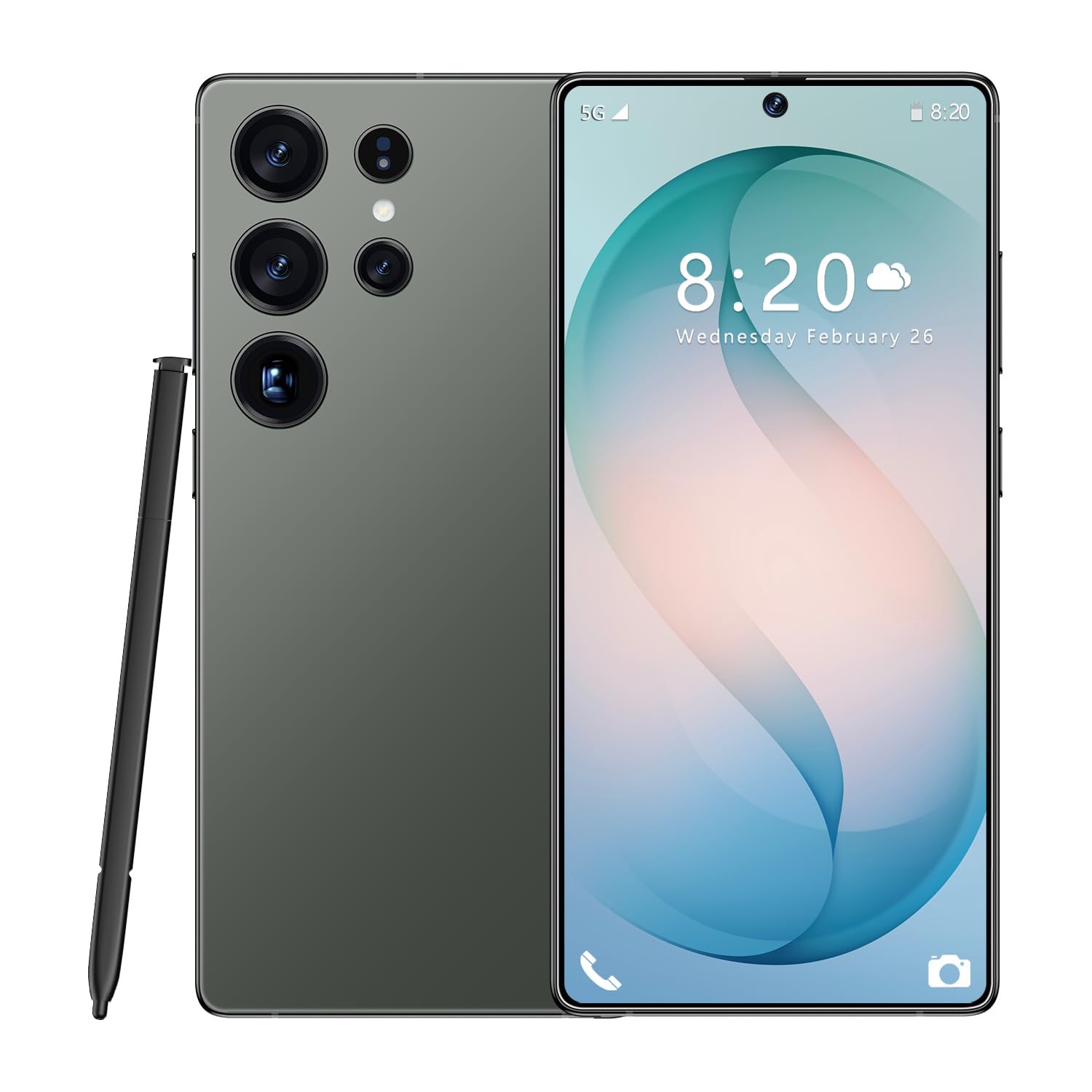 ULUCAN Smartphone S26 Ultra impermeabile con penna integrata, ideale per esterni, per adolescenti, adulti e anziani. Telefono Android a basso prezzo, 16 GB di RAM, 1 TB di ROM,Green-7.3IN