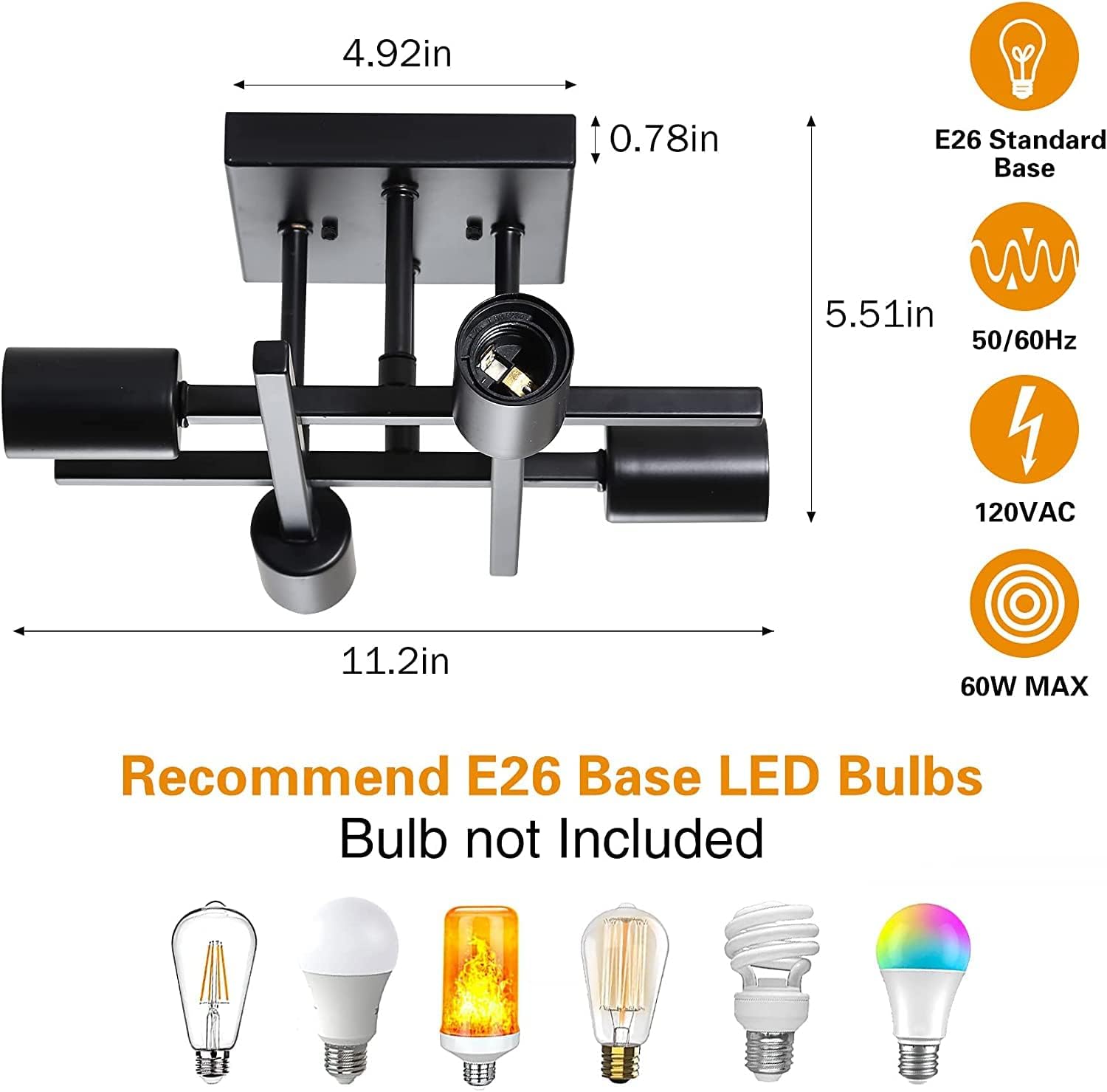 Industrial 4-Light Semi Flush Mount Ceiling Light Fixture, Farmhouse Black Chandelier Lighting, Modern E26 Base Sputnik Ceiling Lamp for Kitchen Bedroom Living Room Hallway Entryway