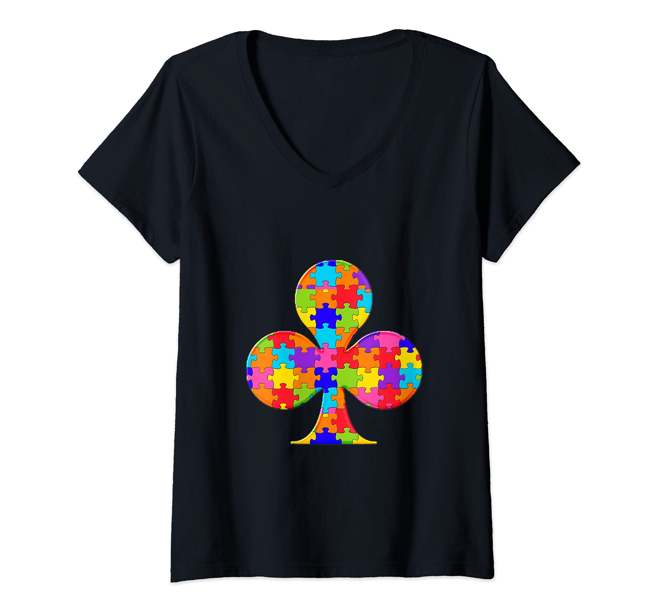 Womens Club playing card Jigsaw Autism Puzzle V-Neck T-Shirt