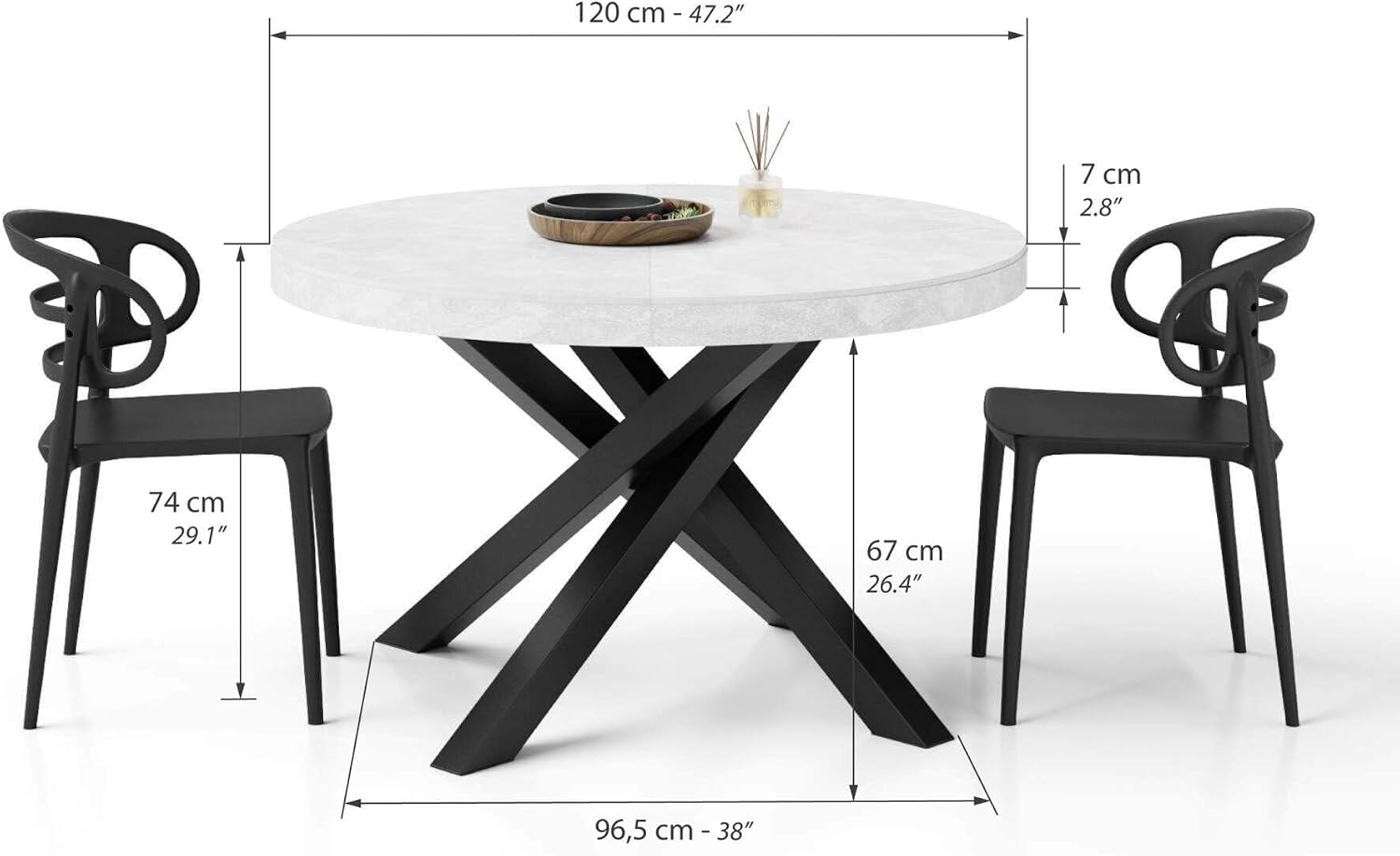 Mobili Fiver, Emma Round Extendable Table, 47.2-63 in, Concrete Effect, White with Black Crossed Legs, for 4-6 People, Expandable Dining Table for Kitchen, Living Room, Italian Furniture