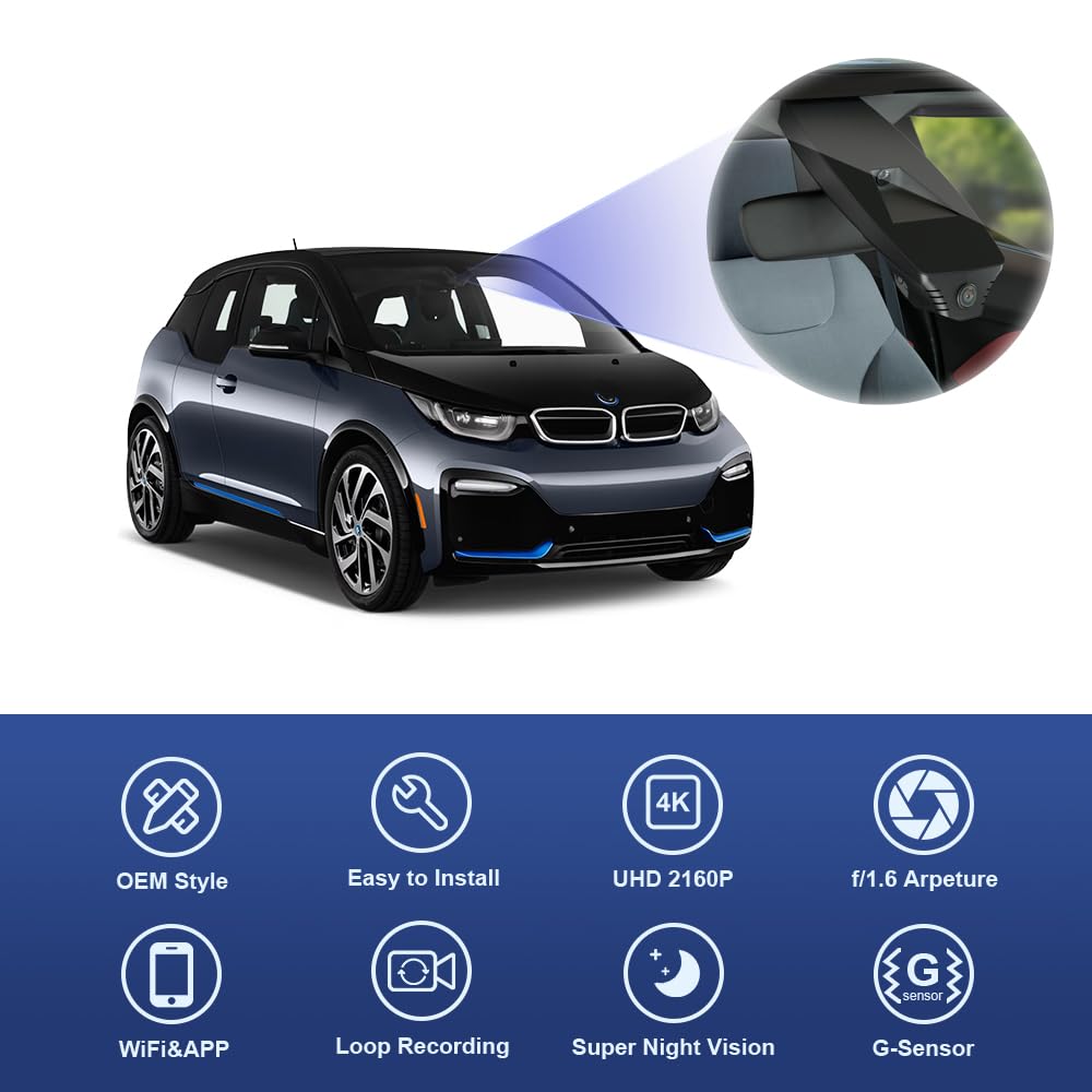 Fitcamx Dashcam 4K Compatible avec BMW i3 2018-2021 94Ah 120Ah (HD2-D6400, Length 35cm), OEM Caméra de Voiture 2160P UHD Video WiFi, G-Senseur, Enregistrement en Boucle, WDR, Plug & Play, Carte 64Go