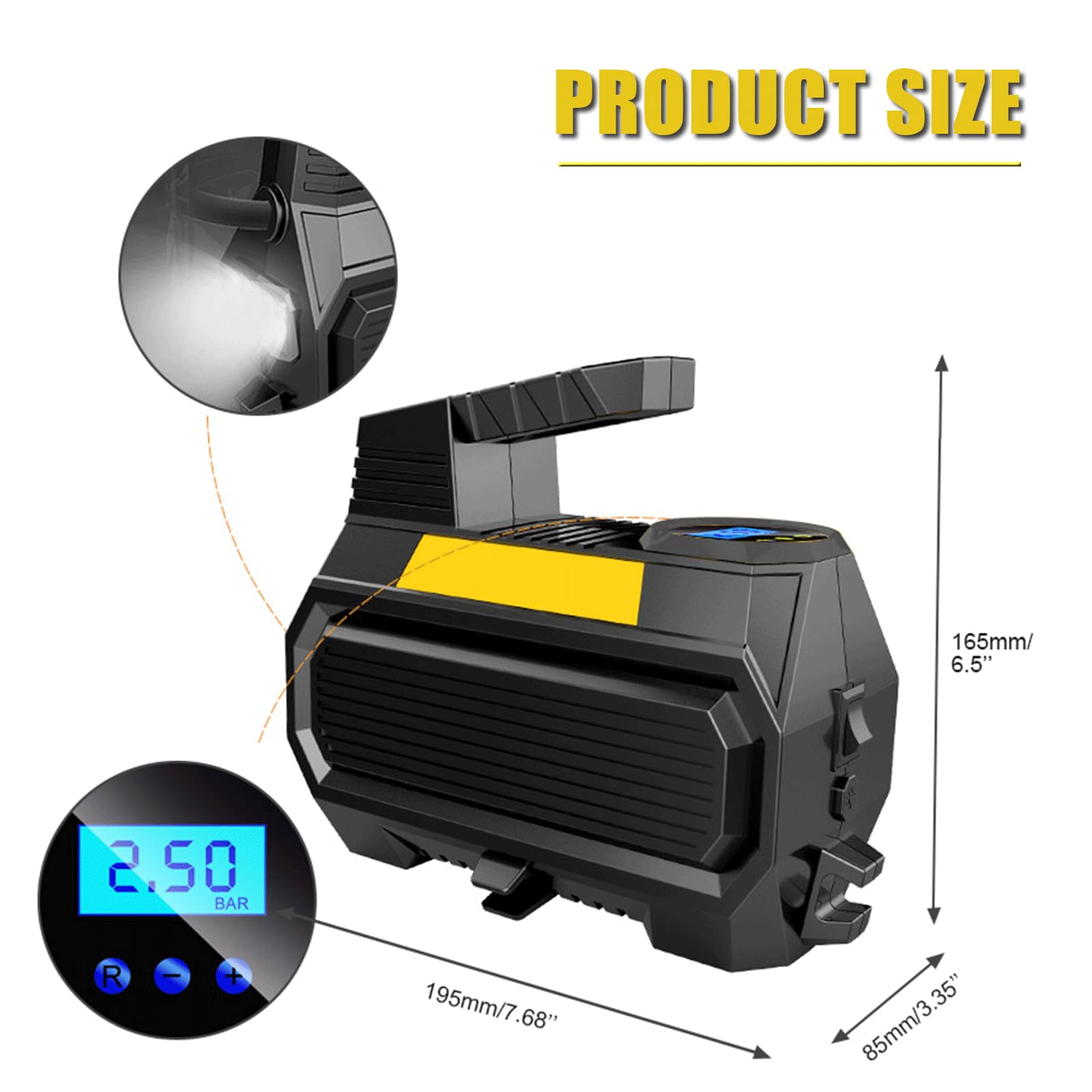 Pompka do opon, przenośna pompa sprężarki powietrza do opon samochodowych, 12 V DC, automatyczna pompa do opon z cyfrowym manometrem, 150 PSI z awaryjnym światłem LED, do roweru samochodowego