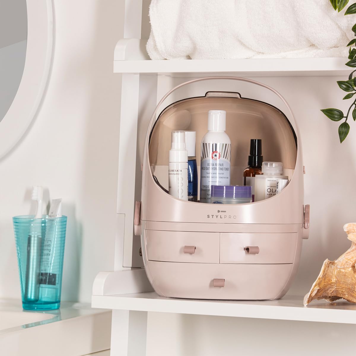 STYLPRO Beauty Storage Podlette, Kosmetik & Hautpflege Organizer mit 3 Schubladen, abnehmbarem Deckel, staubdichter Abdeckung & Reisegriff für Kommode, Schlafzimmer Rose 25x23x32cm