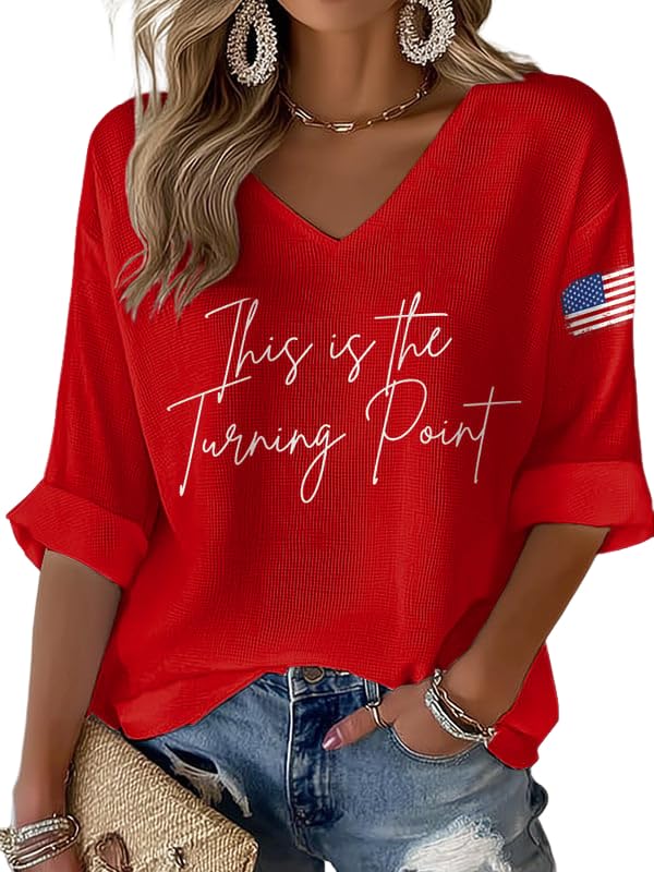 V-Neck Retro This is The Turning Point Print Casual Waffle T-Shirt USA Flag Shirt