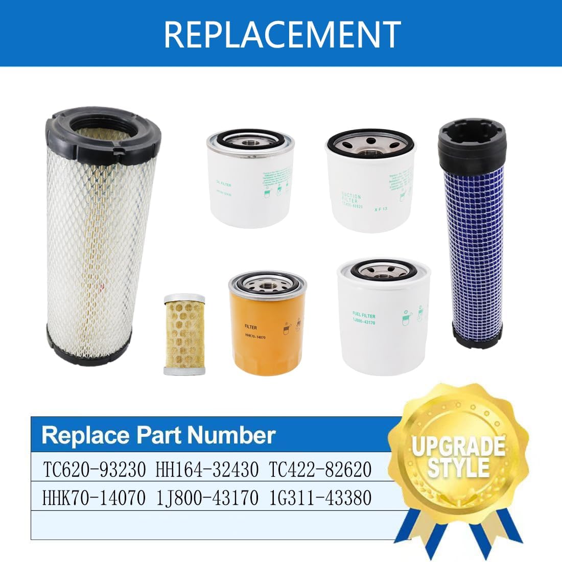 Filter Kit TC620-93230 HH164-32430 TC422-82620 HHK70-14070 1J800-43170 1G311-43380 Compatible with Kubota L3301HST & L3901HST with D1803 Engine
