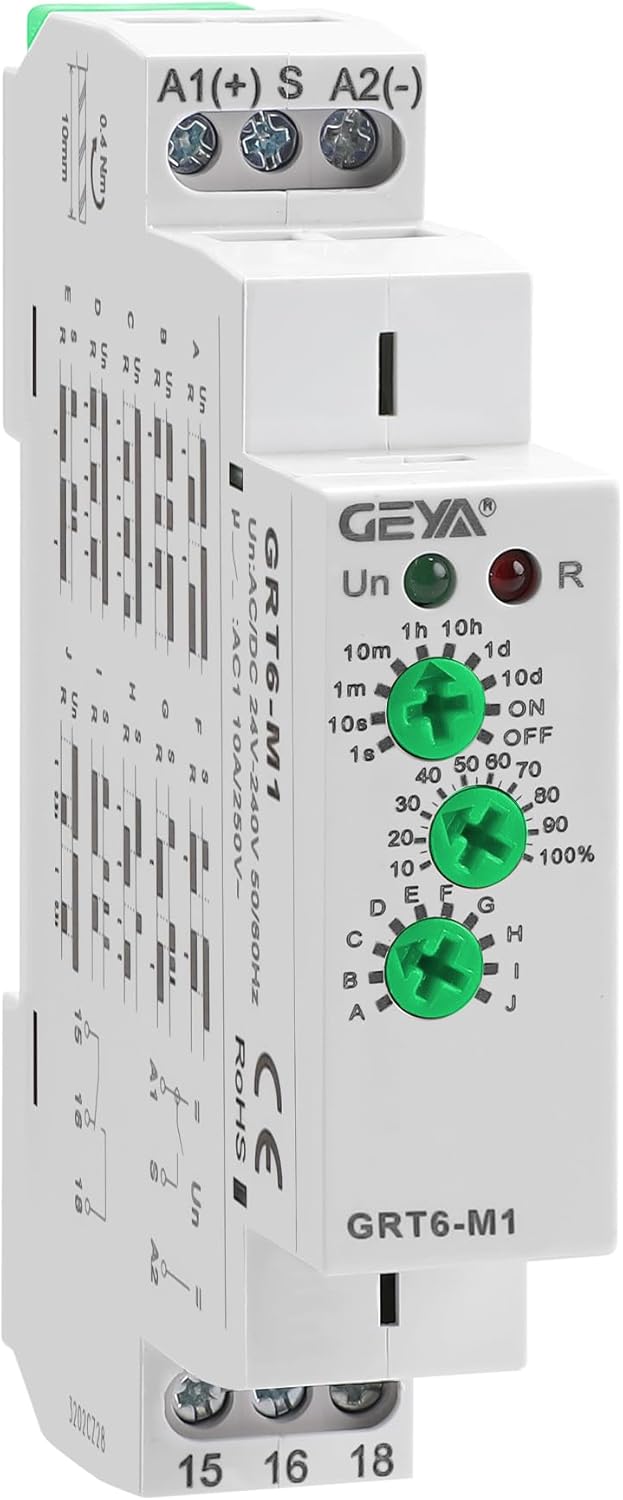 GEYA 10A Multifunctional Delay Time Relay 10 Function Choices AC/DC24V-240V 1 Output Control Relay with DIN Rail Mount (GRT6-M1,AC/DC24V-240V)