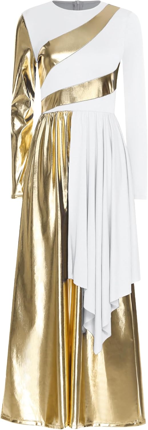 XUNZOO Praise Liturgical Dance Costume for Women Metallic Gold Round Neck Worship Overlay Jumpsuit Loose Pants