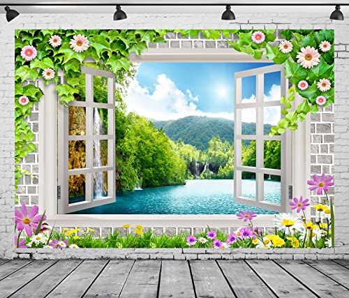 CORFOTO 5x3ft Ventana de Tela Vista Montañas Telón de Fondo Flores Ventana Naturaleza Cascada Paisaje Fotografía Fondo para niños Baby Shower Decoración de Fiesta de cumpleaños