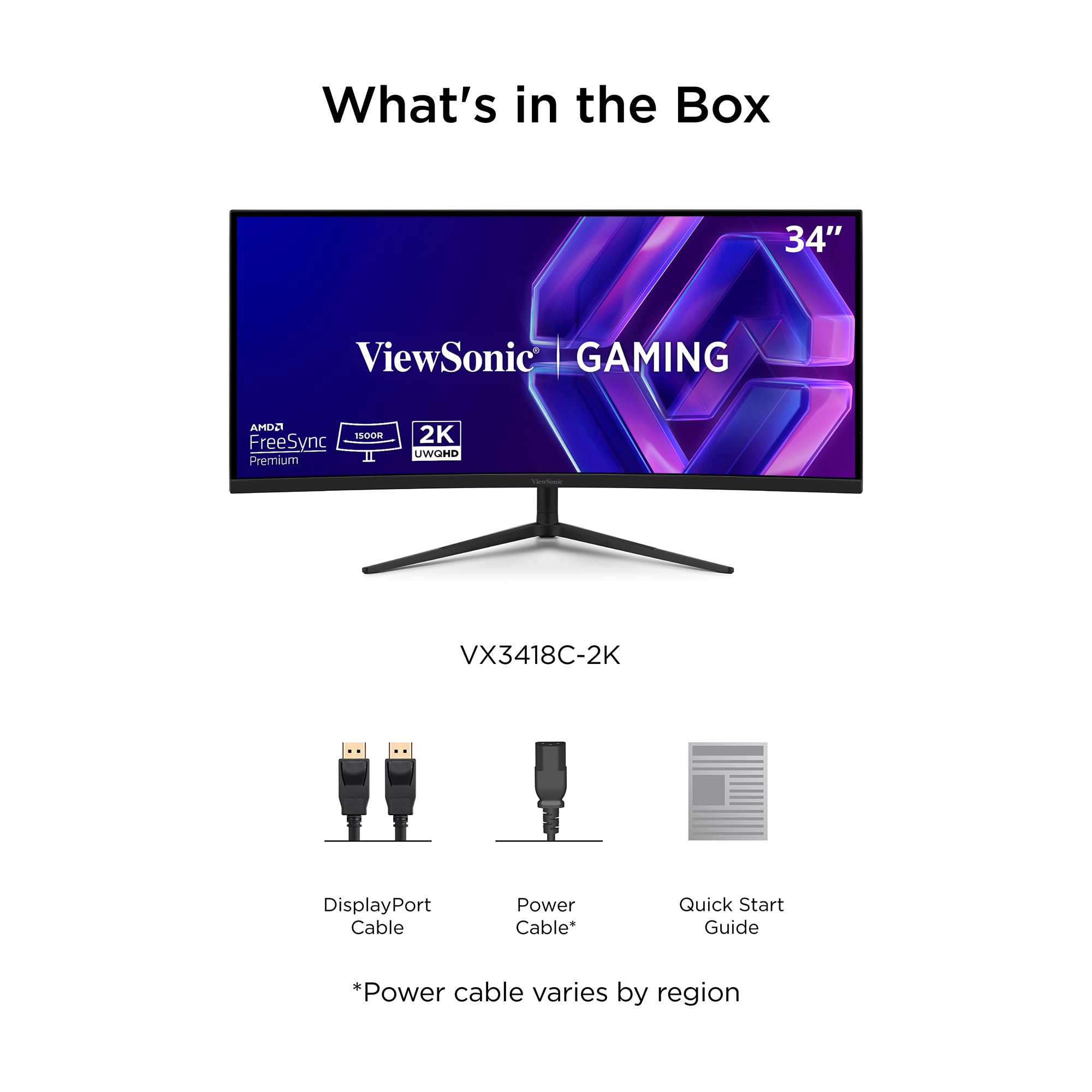 ViewSonic VX3418C-2K Écran PC Gamer Incurvé 34 Pouces, UWQHD 3440 x 1440, 180Hz, 1ms MPRT, VA, 1500R, Haut-parleurs Intégrés, Ergonomique, FreeSync Premium Compatible, HDR10, 2 x HDMI, 2 x DisplayPort