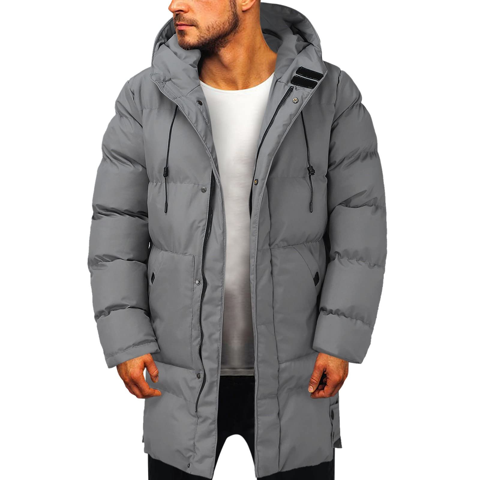 SzshaoyeMen's Mid Length Hooded Puffer Jackets for Men Zip Up Down Jacket Down Warm Hooded Padded Coat Windproof Parka Insulated Jackets with Hood Winter Casual Down Coats