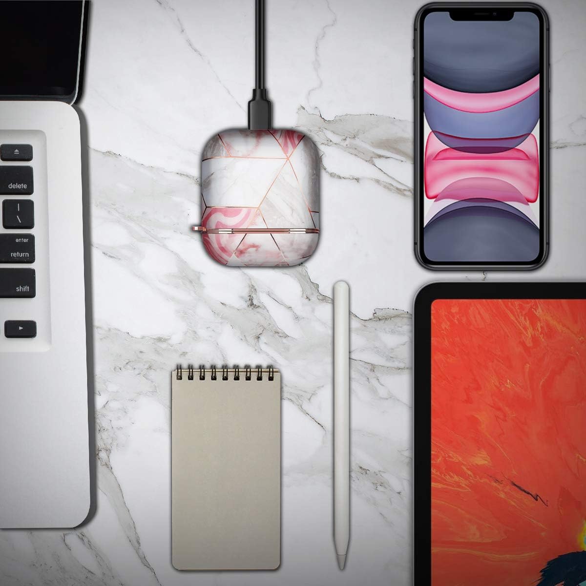 TNP Hard Protective Case Cover for Apple AirPods 1/2 Gen, Cute Stylish Cover with Carabiner Clip Keychain Accessories Compatible with Airpod 1st/2nd Generation Girls Women Men (Marble Pink)