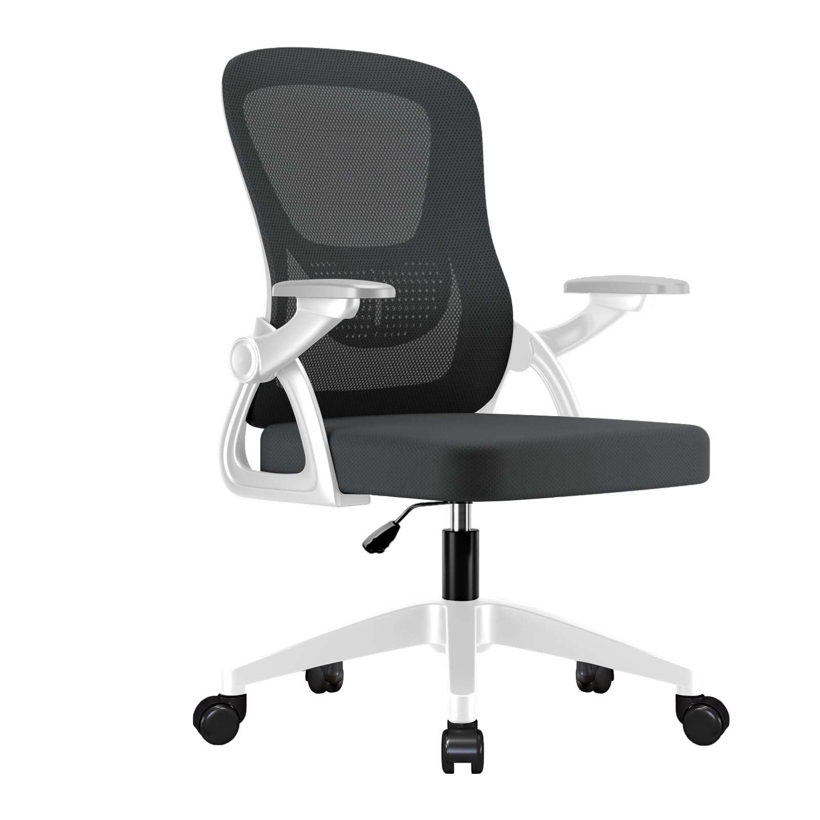 LUKVCIY Home Office Chair, Flip-up Arms, No Headrest, White-Black
