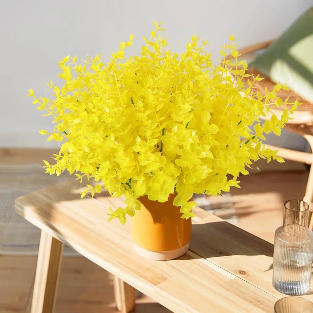 RECUTMS Artificial Flowers, Fake Outdoor UV Resistant Plants Faux Plastic Greenery Shrubs Indoor Outside Hanging Planter Home Kitchen Office Wedding, Garden Decor(Pure Yellow Eucalyptus) - Image 5