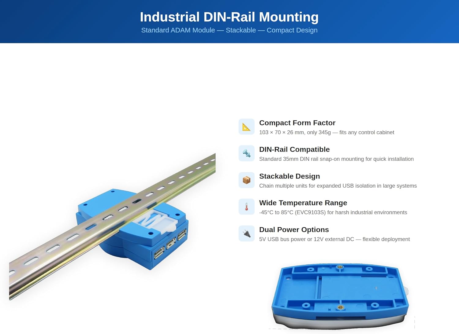 EVC9103S High-Speed USB 2.0 Isolator with LCD Screen - 1500V Isolation, 1-to-3 Ports, 480Mbps, 12V External/USB Power, Voltage/Current/Power Display, Driver-Free (Rail Mount)