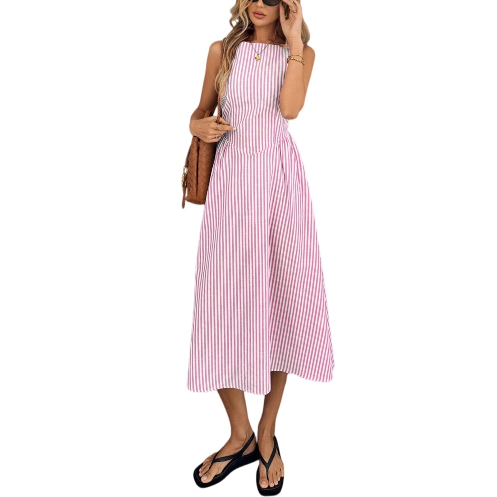 Vestito Abito A Righe Senza Maniche da Donna Estate Slim Fit Midi Dress con Design Verticali, Elegante Casual per Le Vacanze-Yellow-m