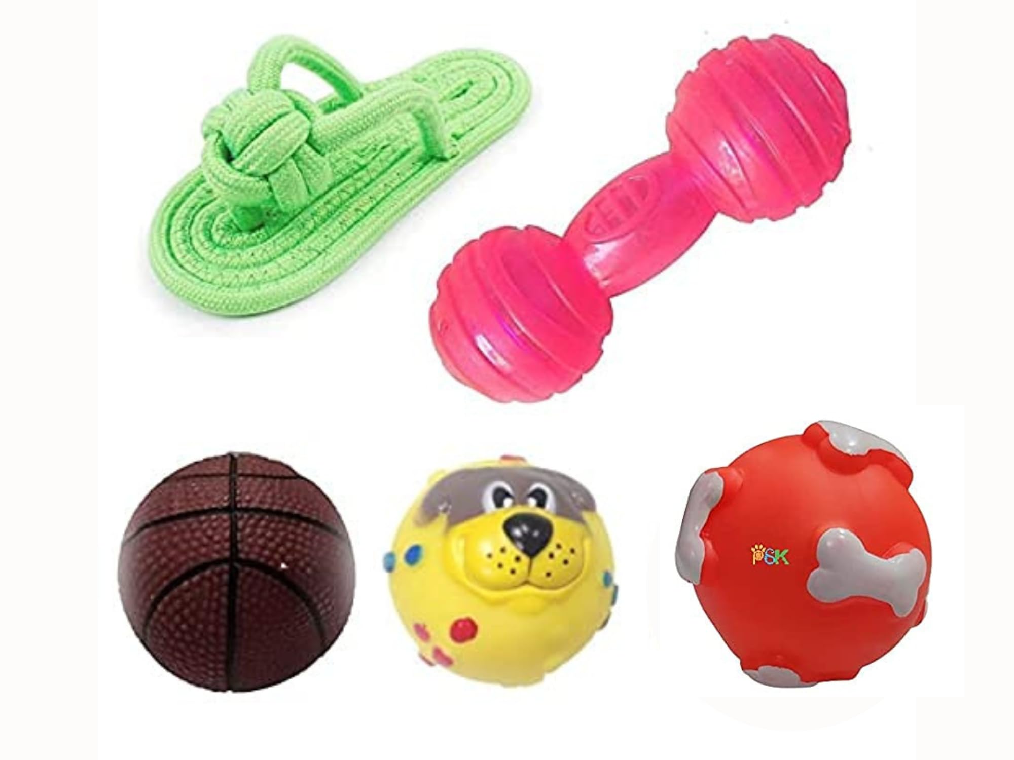 PSK PET MART Squeaky, Chew Teether Toys for Dog/Puppy - Squeaky Basketball + Rope Slipper + Squeaky Bone Print Ball + Rattle Ball + Squeaky Red Dumbbell - Combo of 5 (B0936XQM9T) Amazon Price History, Amazon Price Tracker