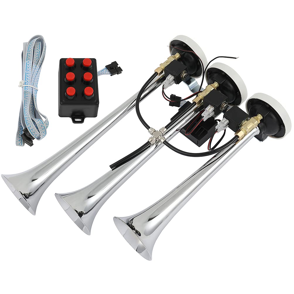 12V 150db Super Loud 3 Trumpet Electric Truck Train Car Air Horn with 8 Tunes for Cars Trucks Trains Boats RVs