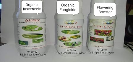 Organic Farms Complete Plant protection Kit for Indoor and Outdoor flowering plants , 100 ml Organic insecticide , 100 ml Organic fungicide , 100 ml Flowering Booster. water soluble and residue free