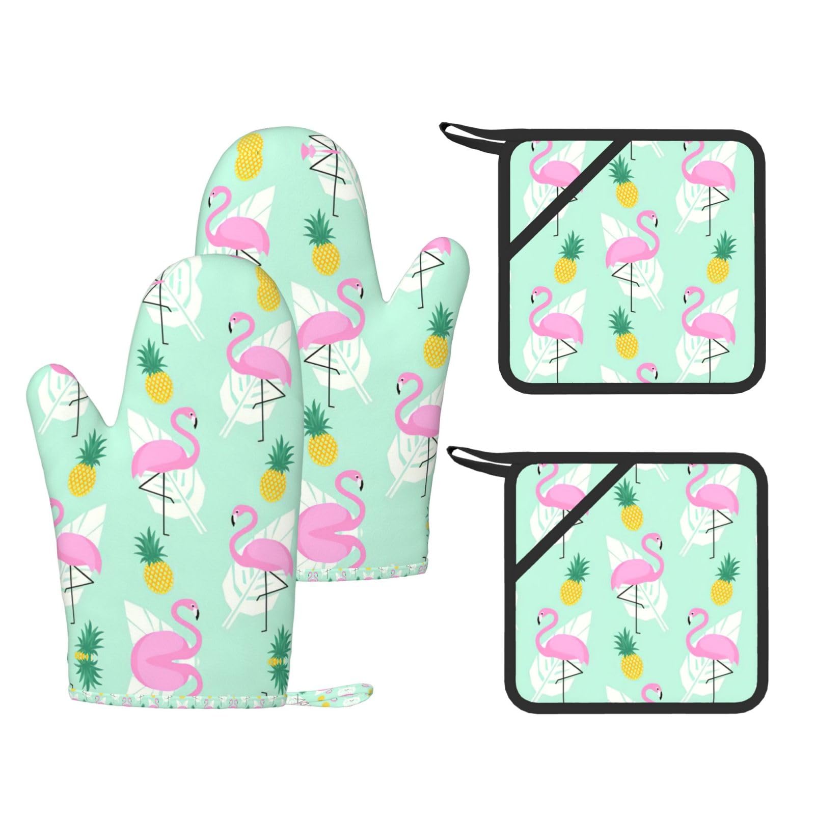 pink flamingo pineapples Printed Oven Mitts and Pot Holders Set of 4, Heat Resistant Silicone Gloves for Baking Grilling