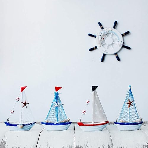 Juego de 4 piezas de decoración náutica de barco de madera, decoración de playa, adornos de velero miniatura hechos a mano, modelos de mini veleros