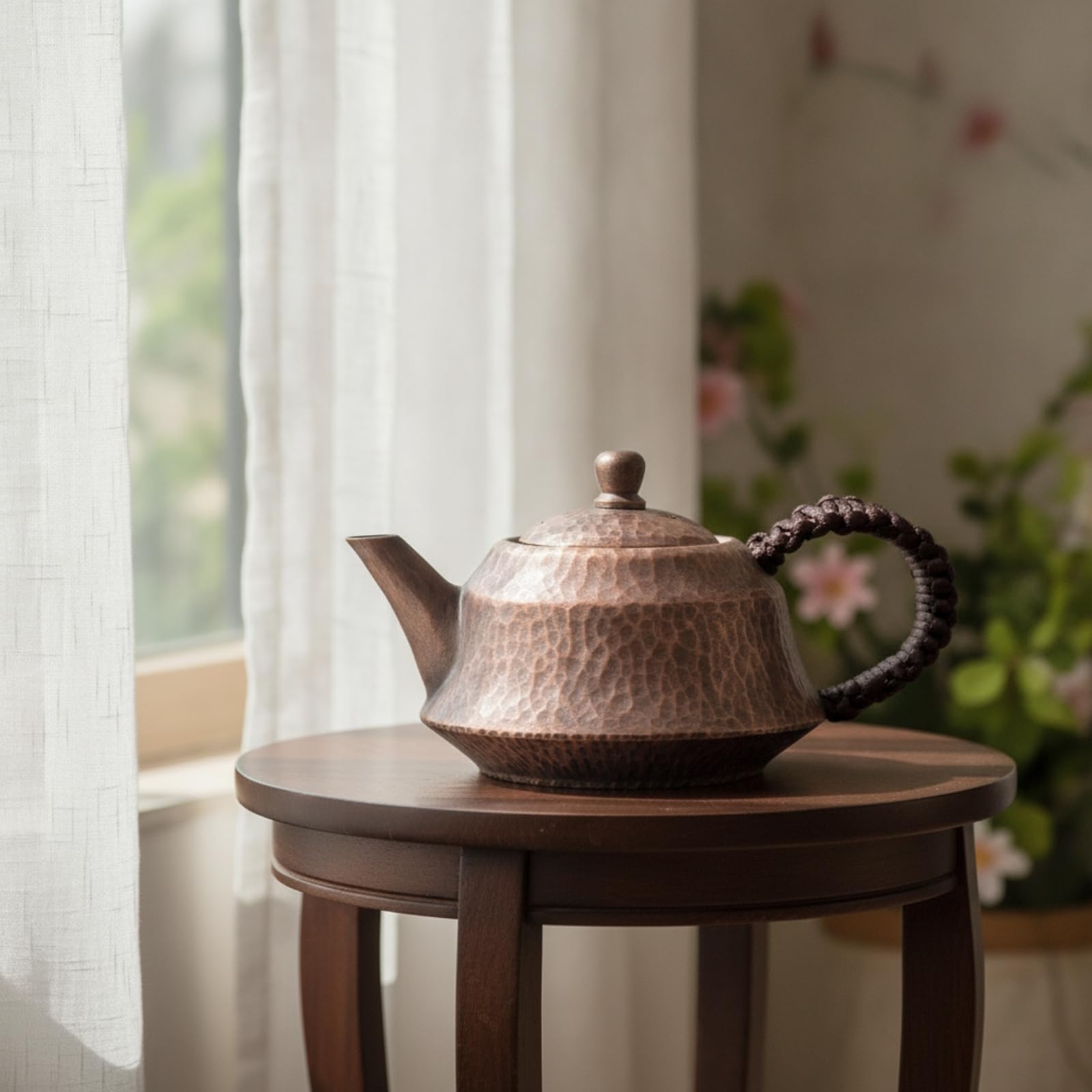 Teiera in Rame Martellato Tradizionale Teiera con Manico Laterale Elegante per Appassionati di Tè, Rame Originale, 300 Ml