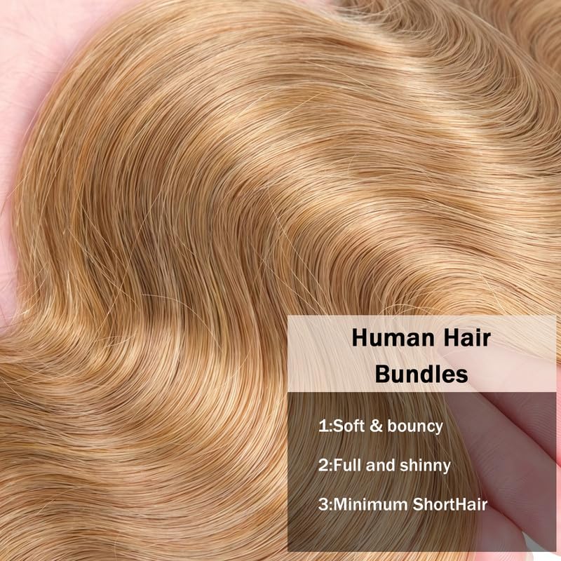 Honey Blonde Human Hair Bundles Brazilian Human Hair Weave Extensions No Shedding No Tangle 14 16 18 inch Body Wave Bundles Human Hair Extensions 27 Color