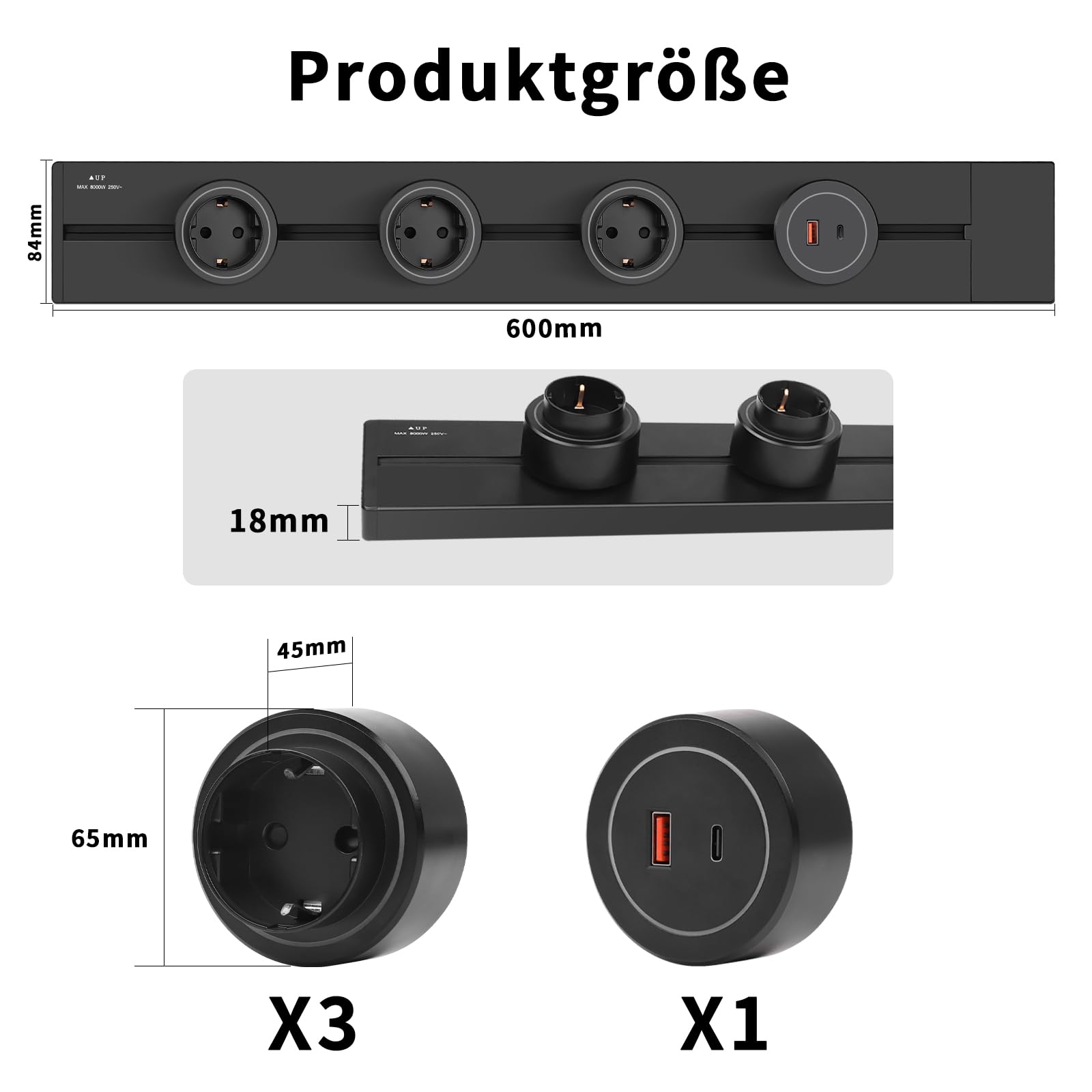 CNBINGO Stromschiene Stromschienensteckdose Schwarz - 4 Adaptern (3 Wandsteckdose, 1 USB-A, 1 USB-C) für Küche Wohnzimmer Zuhause Büro 600mm 7360W Orbital Mehrfachsteckdose