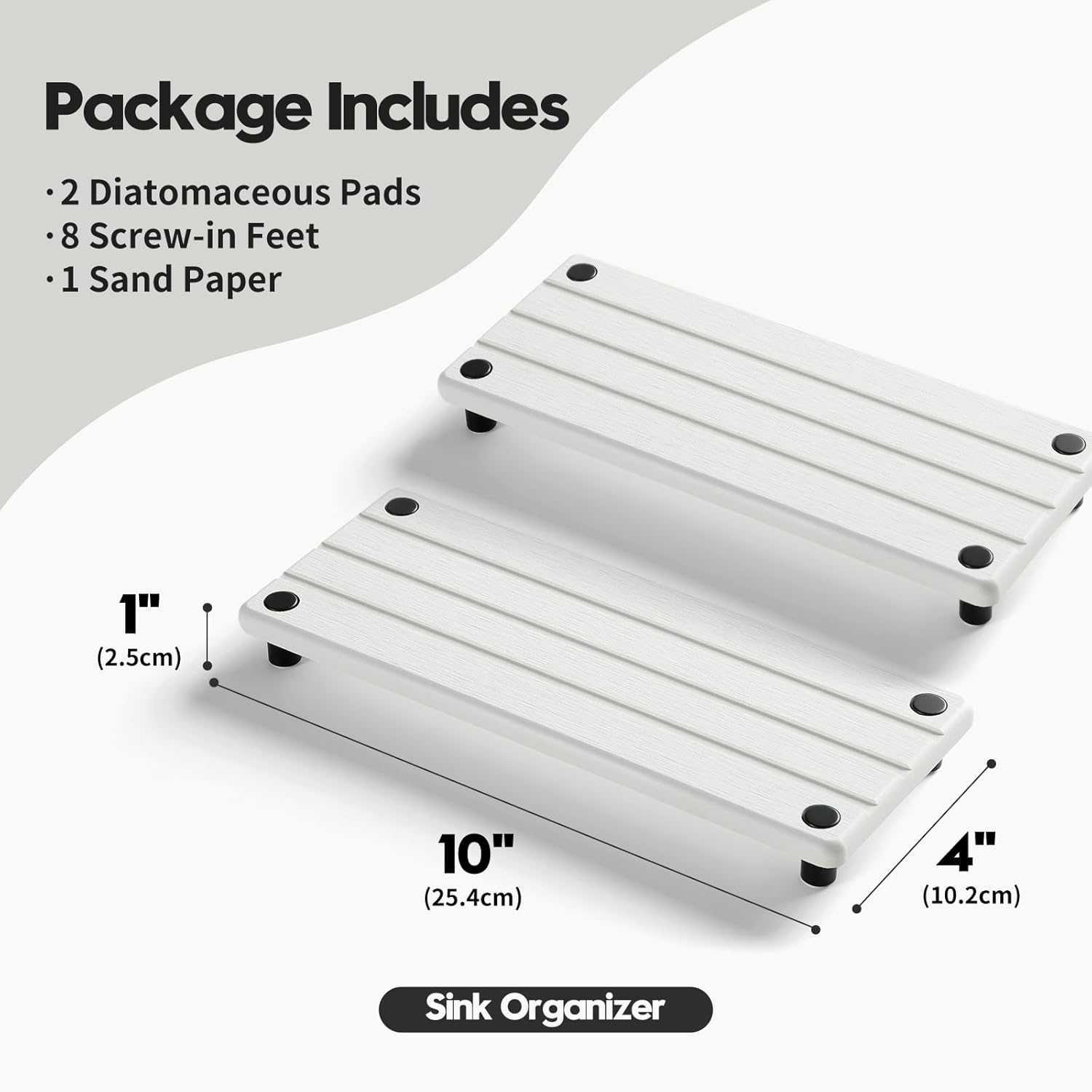 Razborci 2 Pack Fast Drying Water Absorbing Diatomite Stone Mat Tray for Kitchen & Bathroom Counter - Instant Dry Sink Caddy Organizer - Vanity Holder for Soap and Sponge – White 10" x 4"
