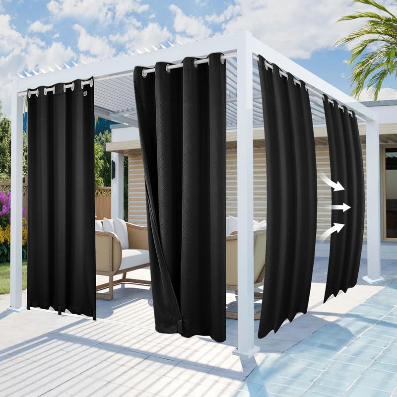 MingfuxinOutdoor Curtains Waterproof, Windproof Garden Gazebo Patio Curtains with Grommet Top and Bottom, Embossed Pattern Thermal Insulated Blackout Privacy Outdoor Curtains for Porch Pergola