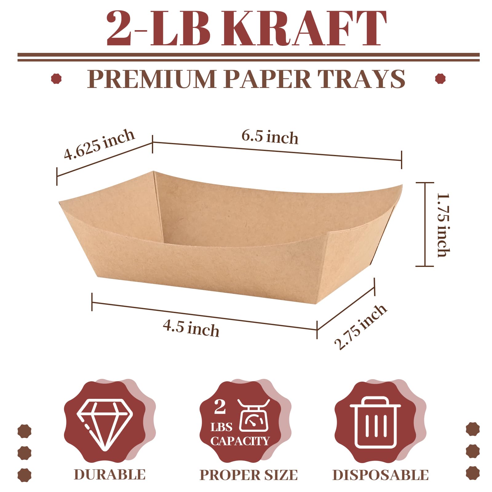 Ocmoiy 2lb Kraft Paper Food Trays, 100 Pack Heavy Duty Food Boats Disposable Food Serving Tray Food Holder Trays for Hot Dog, Nachos, Tacos, Fries, BBQ, Festivals, Party