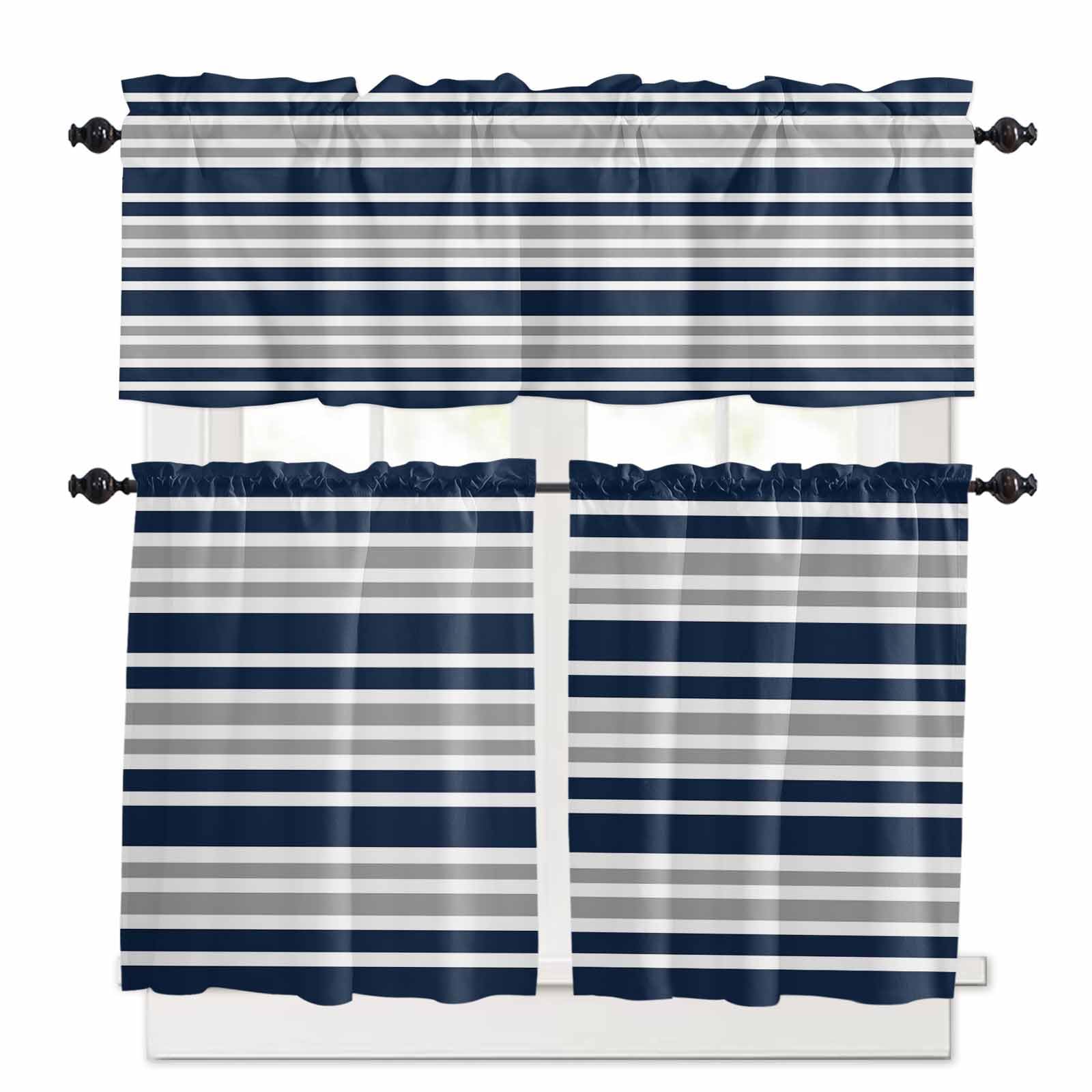 Navy Blue Grey Striped Kitchen Curtains 36 Inch Length, 3 Piece Rod Pocket Small Half Tiers and Valance Set, Gradient Horizontal Lines Small Large Window Treatment Decor for Bedroom/Bathroom Sink