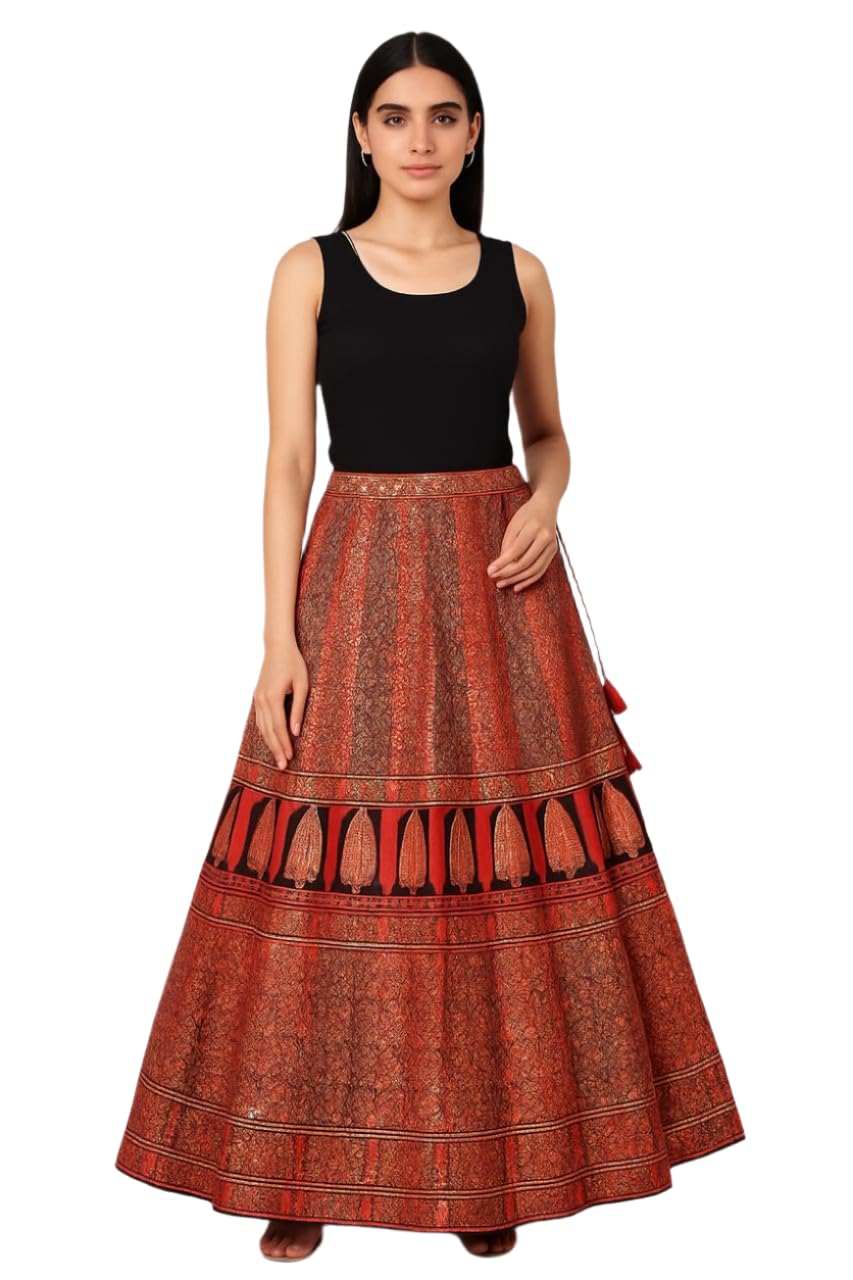 Skirt, Traditional Ajharkh Print, Long Length, Red and Black-image-18