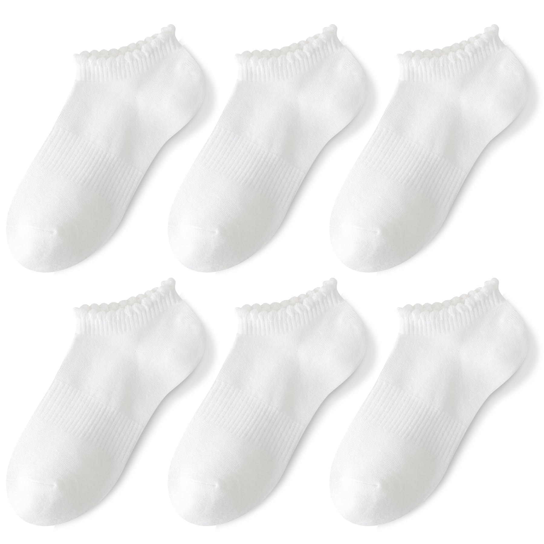 No Show Socks Womens Low Cut Non Slip Ruffle Ankle Socks 6 Pairs | Frilly Soft Cute Solid Color Lettuce Edge Comfort Breathable One Size 5-9
